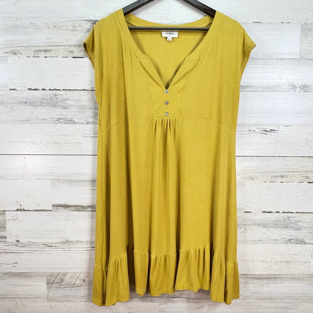 Umgee Mustard Yellow Ribbed Knit Babydoll Dress Ruffle Hem Womens Medium